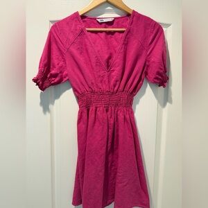 Zara Fuschia Smocked Waist V-Neck Dress